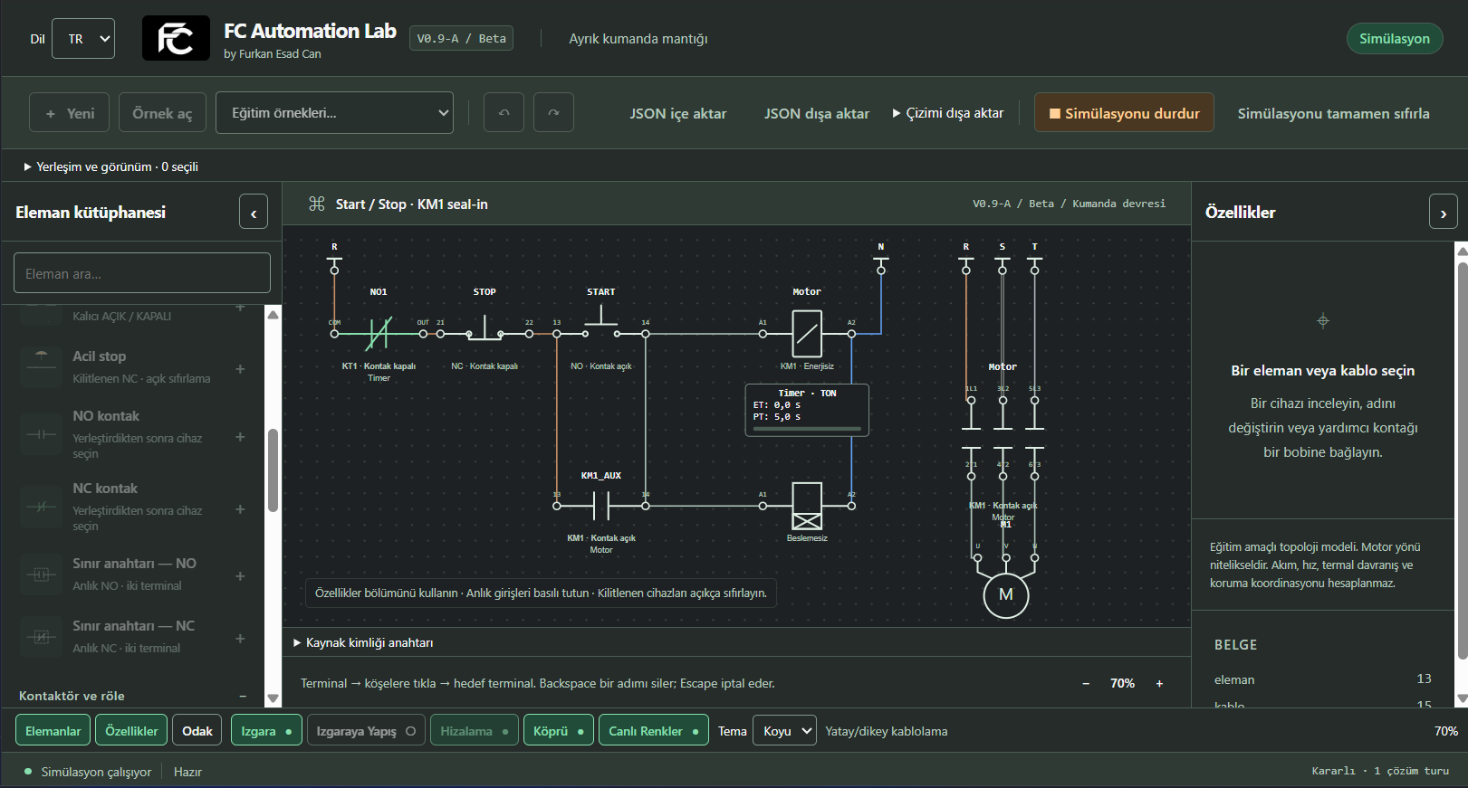FC Automation Lab koyu temada kumanda ve güç devresi çalışma alanı