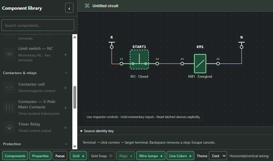 Quick-start circuit with START pushbutton and KM1 coil