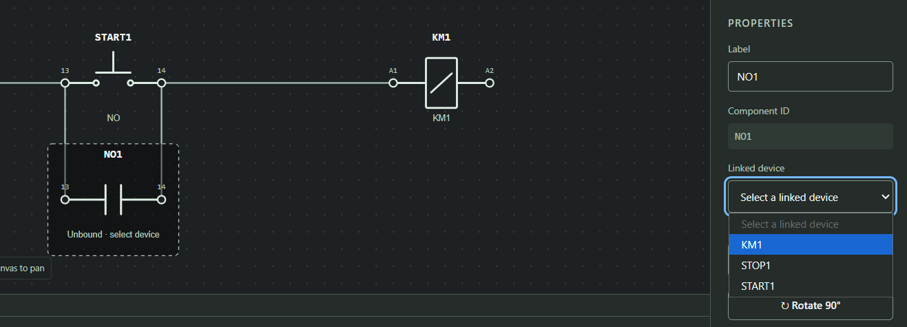 Associating an auxiliary contact with device KM1