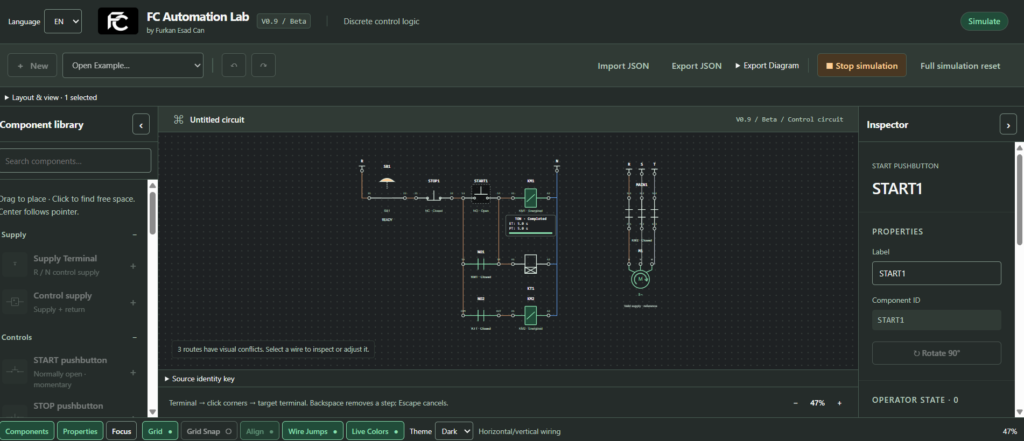FC Automation Lab FC Automation Lab in English: control and power circuit workspace with component library and inspector